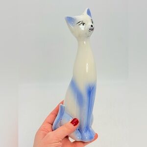 Vintage Ceramic Siamese Cat Bud Vase | Blue White Glaze | Candle Holder